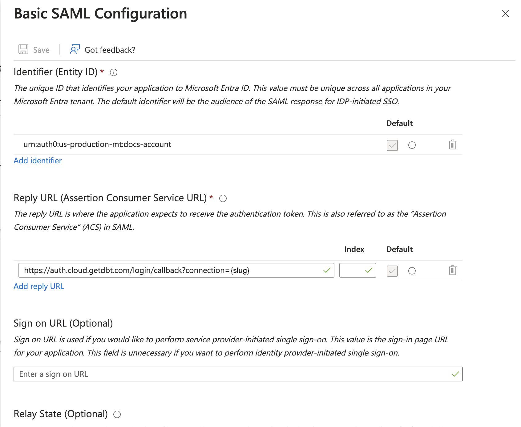 Editing the SAML configuration window in Entra ID